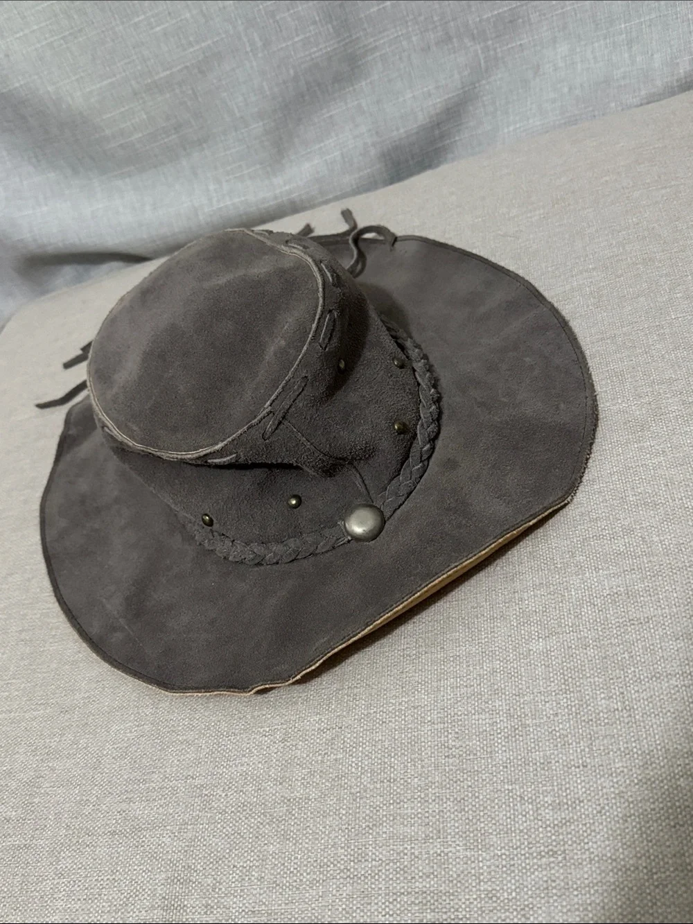 Vintage Handmade Genuine Leather Hat-Made in Mexico-Gray Suede-Wmns Sz M-EUC